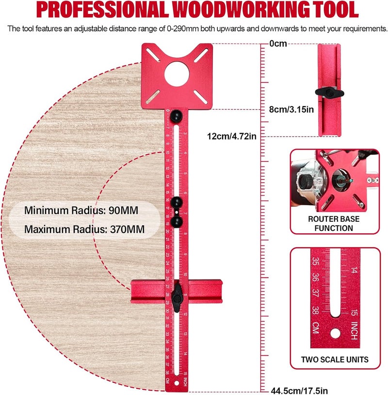 Sigerio New 4 in 1 Router Milling Groove Bracket, Aluminum Alloy Router Circle Cutting Jig, Multifunctional RouterGuide for Cutting Circles, Adjustable RouterJig Tool for Woodworking (Rose Red) - Image 3